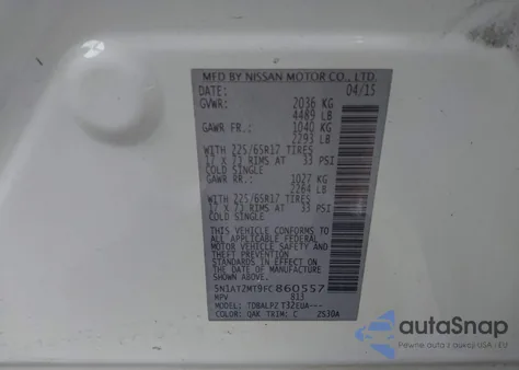 2015 Nissan Rogue S z USA, uszkodzony, nr VIN 5N1AT2MT9FC860557